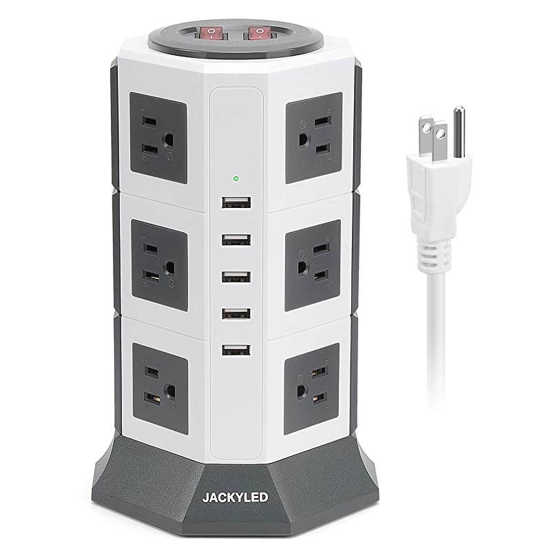 Surge Protector Power Strip Tower  12 AC Outlets 3000W 15A and 5 USB Slots 8A Desktop Smart Charging Station Multiple Protection Heavy Duty 65ft 14 AWG Cord White and Gray