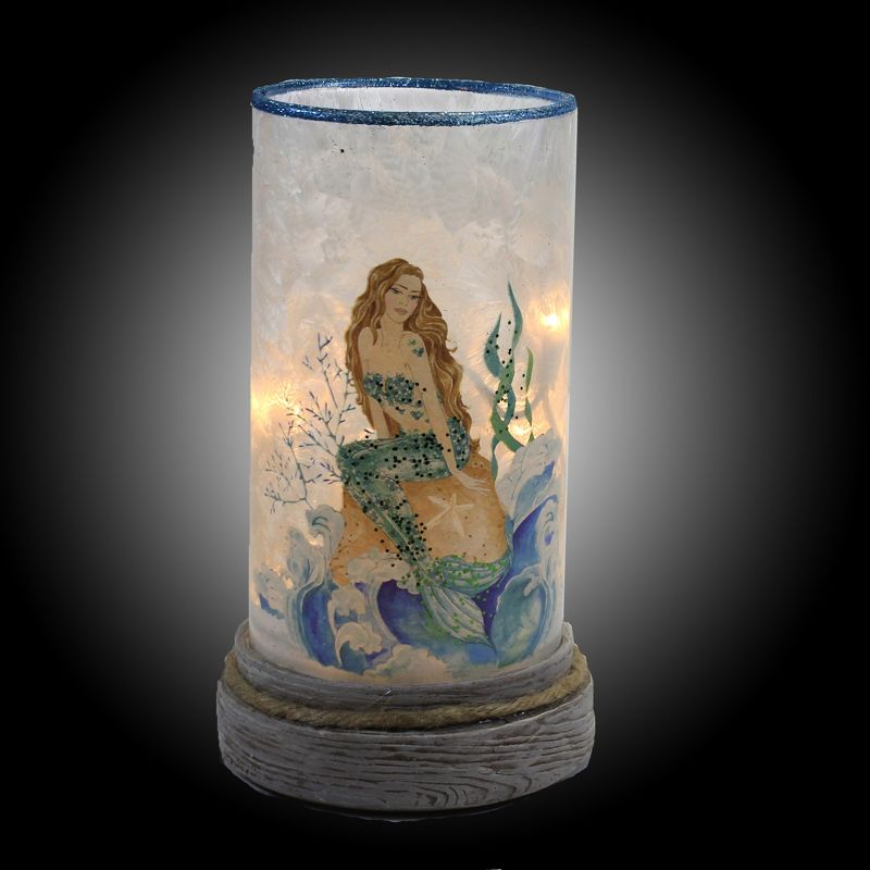 Stony Creek 8.25" Sitting Mermaid Hurricane Lit Pre Lit Resin Base  -  Novelty Sculpture Lights