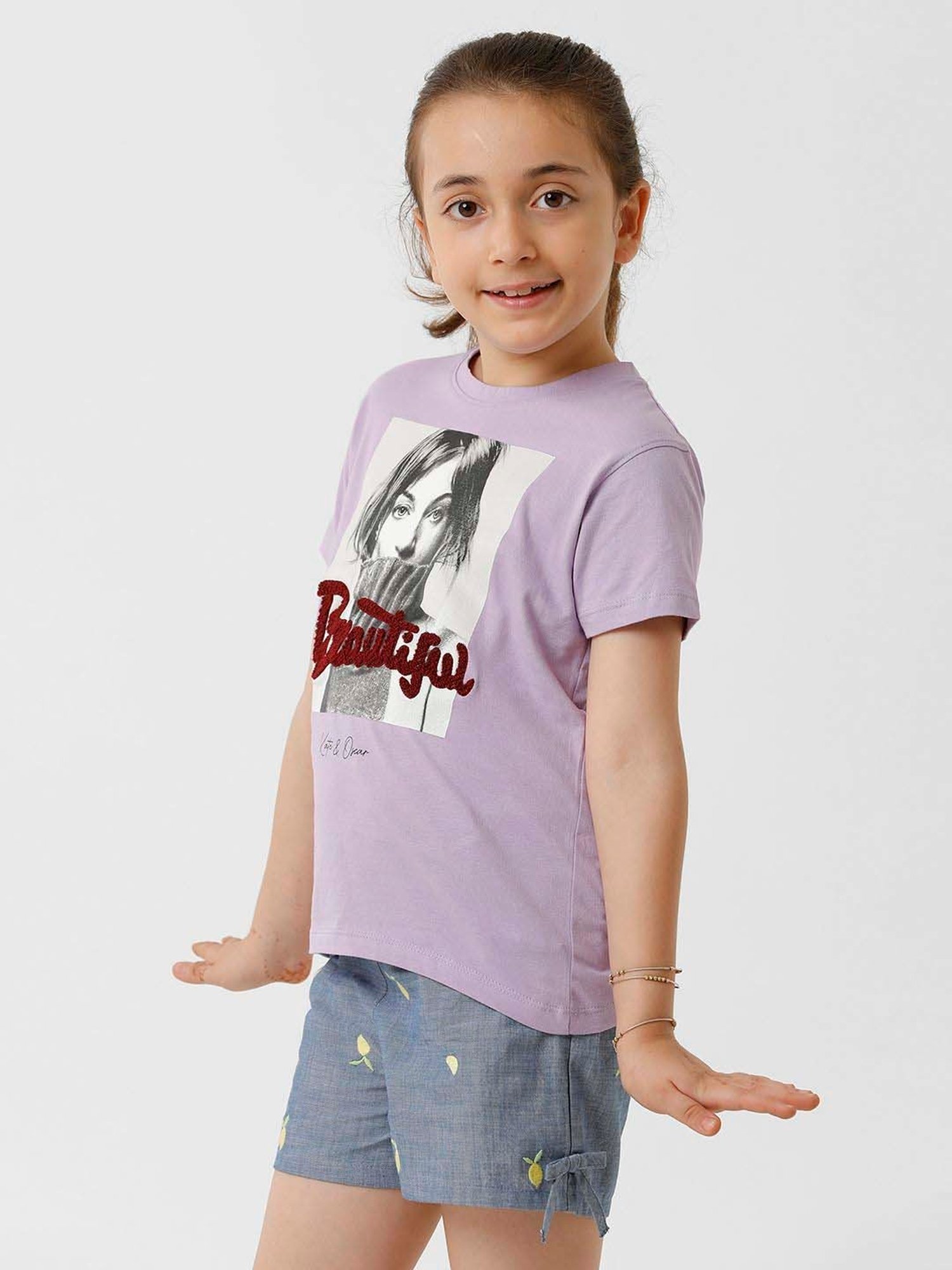 Kate & Oscar Kids Purple Cotton Printed T-Shirt