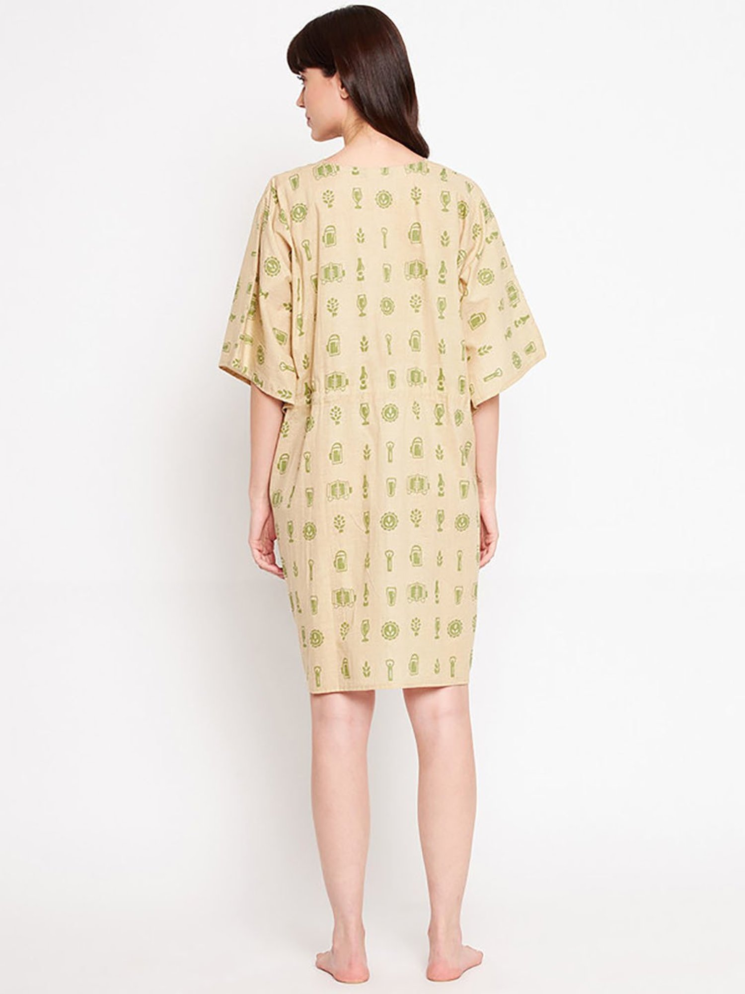 Secrets By ZeroKaata Beige Pure Cotton Printed Short Kaftan Cover Up Dress