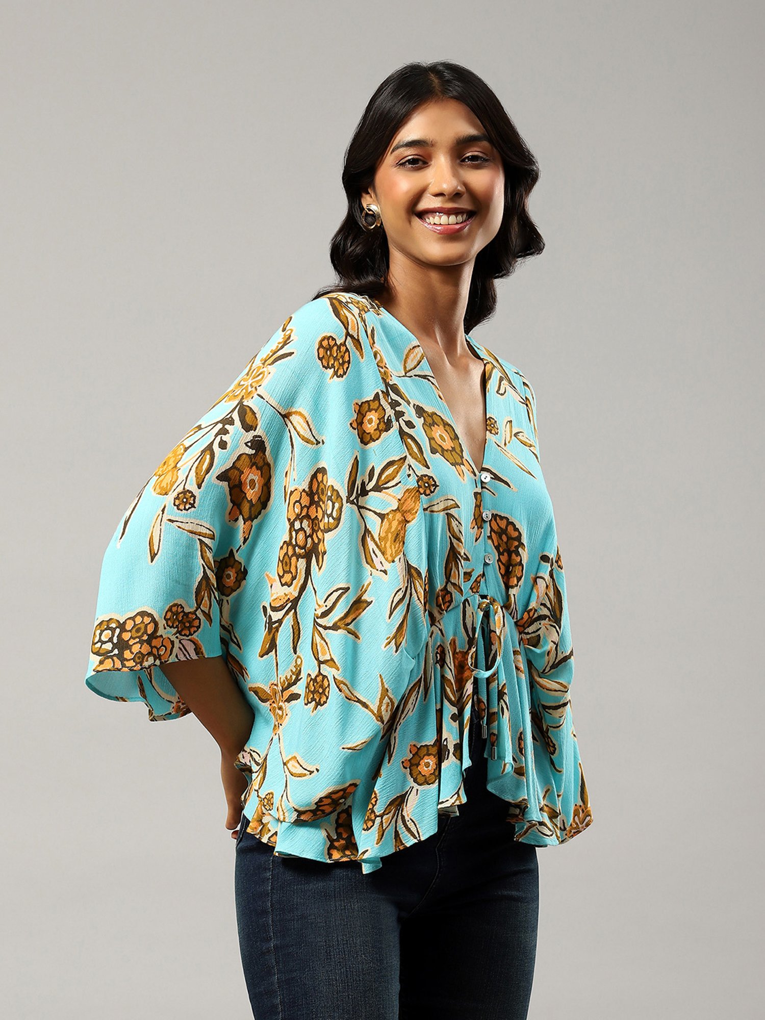 Label Ritu Kumar Blue & Brown Floral Print Top