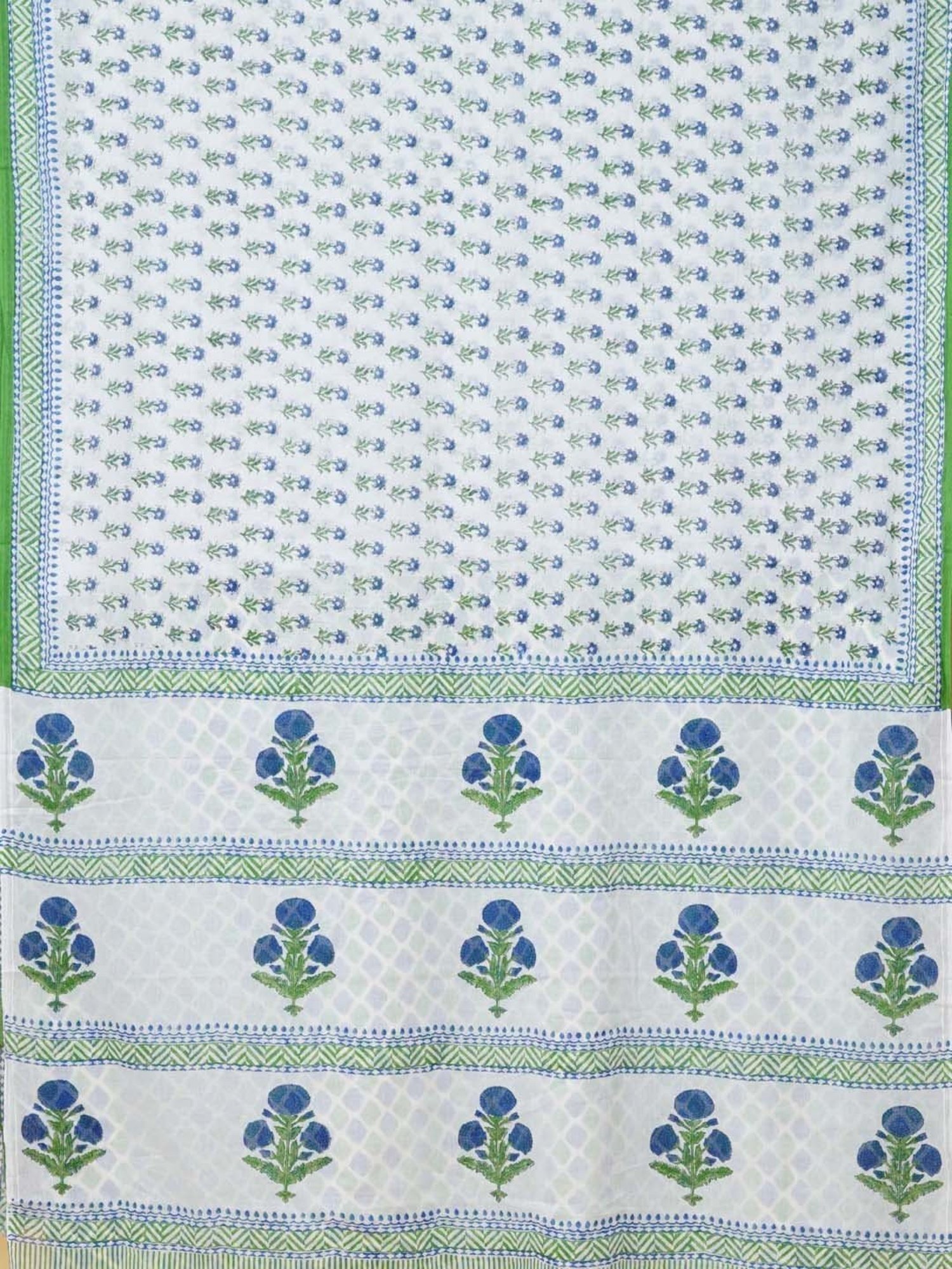 Unnati Silks White & Green Cotton Printed Saree With Unstitched Blouse