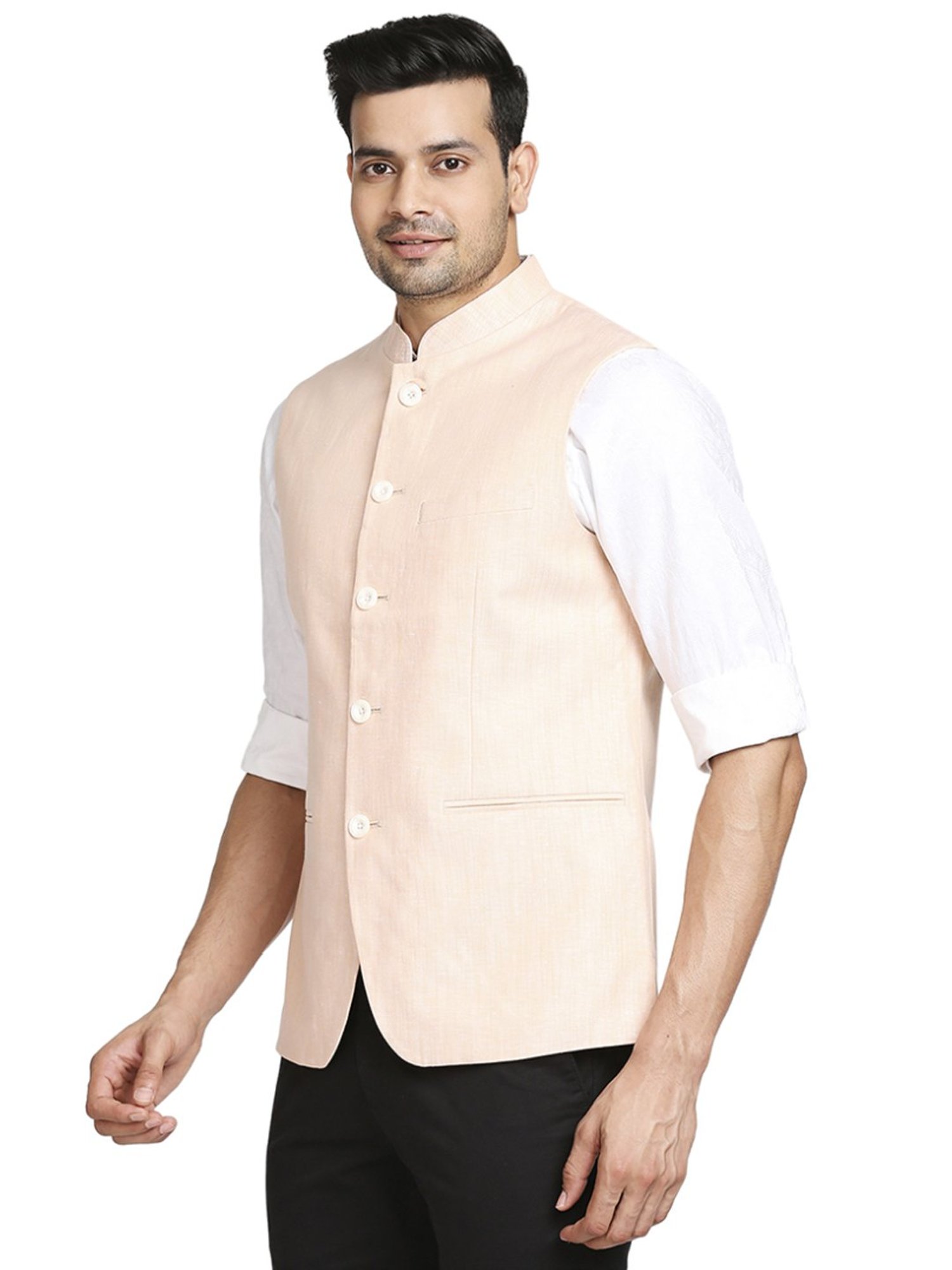 Colorplus Light Orange Tailored Fit Self Pattern Nehru Jacket
