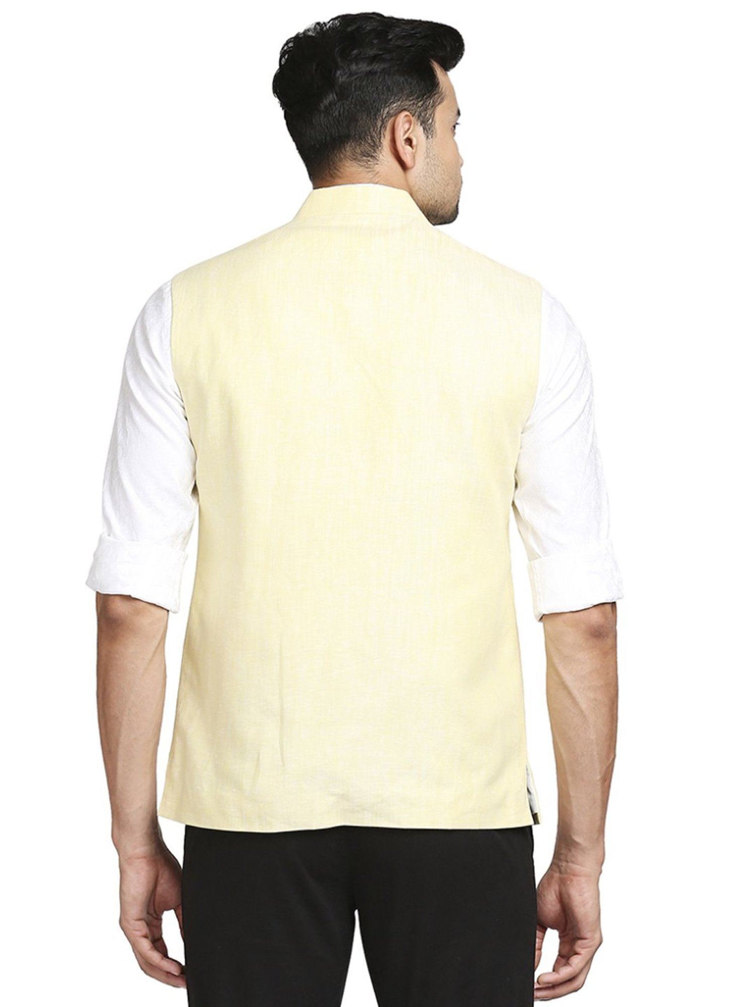 Colorplus Yellow Tailored Fit Self Pattern Nehru Jacket