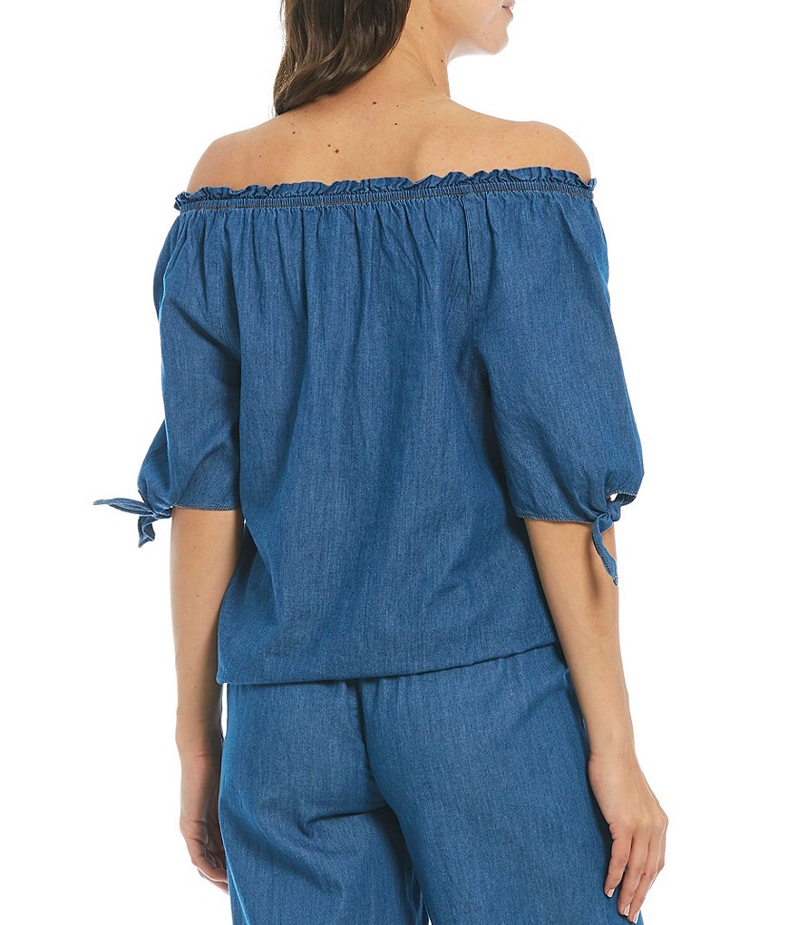 I.N. Studio Petite Size Denim Short Tie Sleeve Bubble Hem Top