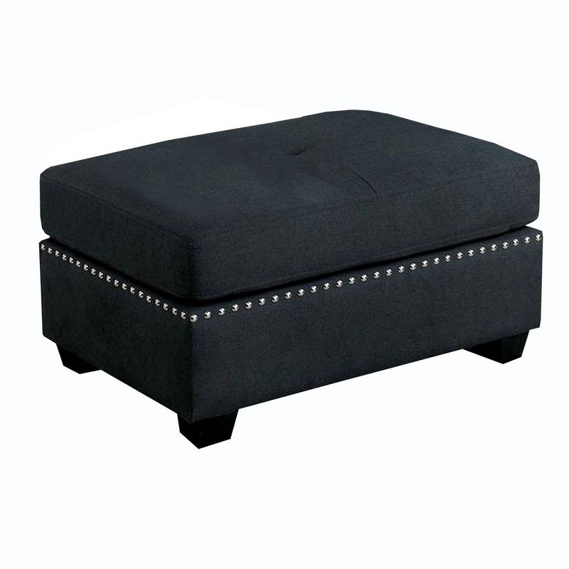 Nailhead Trim Fabric Upholstered Ottoman with Box Cushion Seat Dark Gray - Benzara