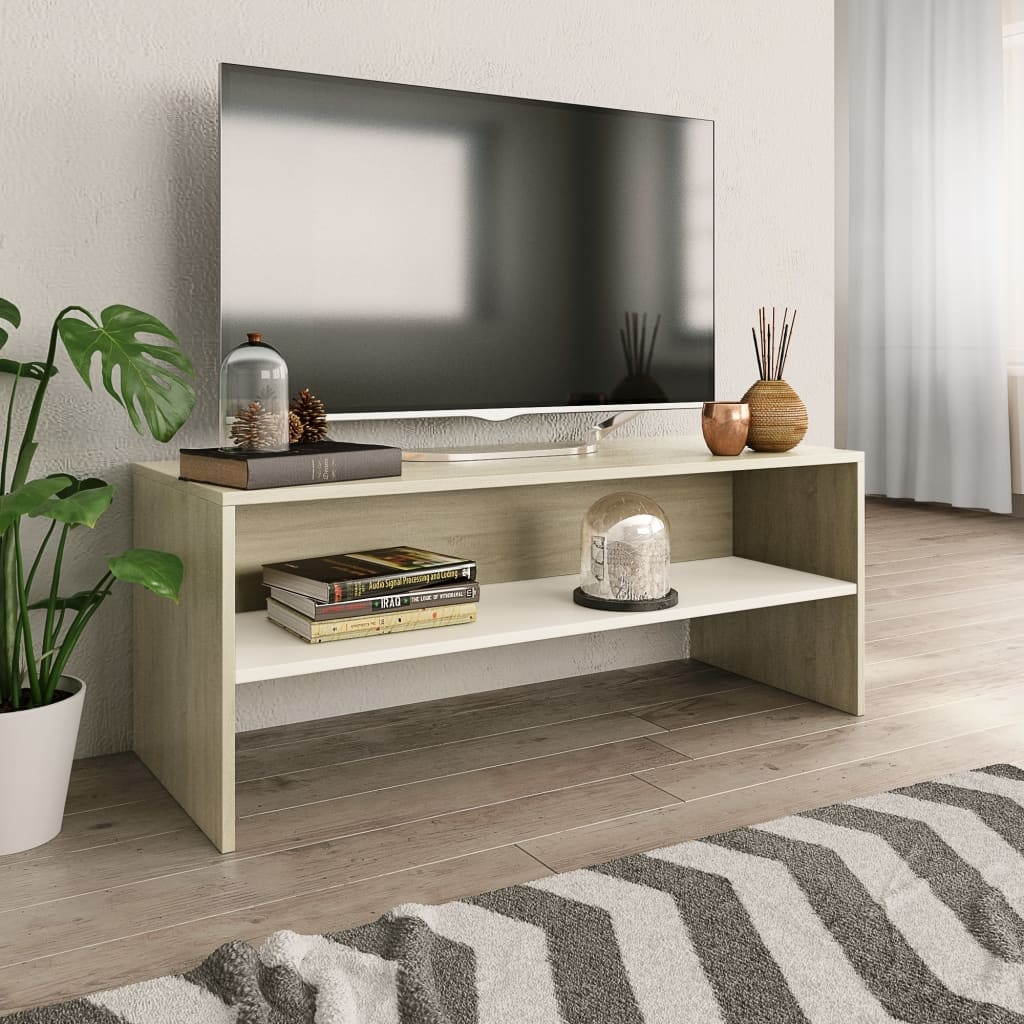 vidaXL TV Cabinet White and Sonoma Oak Chipboard Side Stand Lowboard Sideboard
