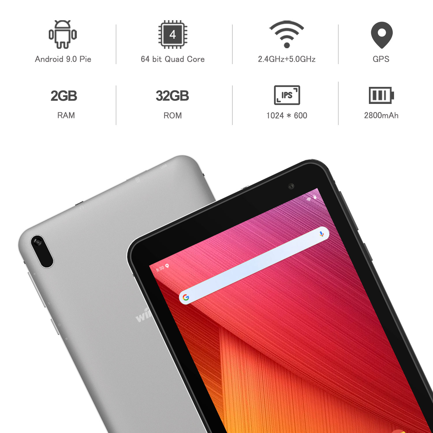 Android 9.0 Tablet 7 Inch WiFi PC Tablets - Winnovo T7 Pro MT8163 2GB RAM 32GB ROM IPS 2.0MP+2.0MP Camera Bluetooth GPS FM (Grey)