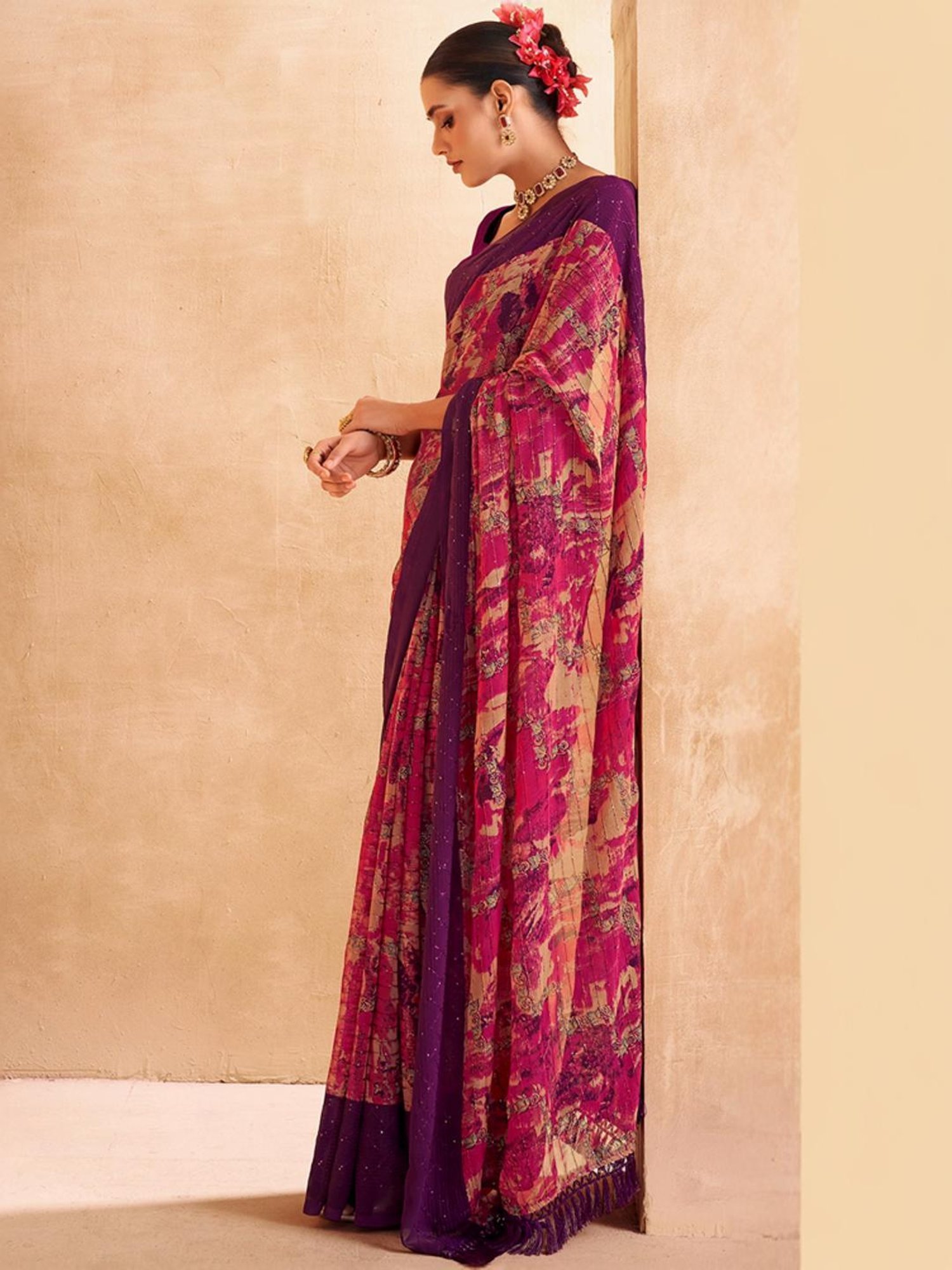 Satrani Pink Printed Saree With Unstitched Blouse