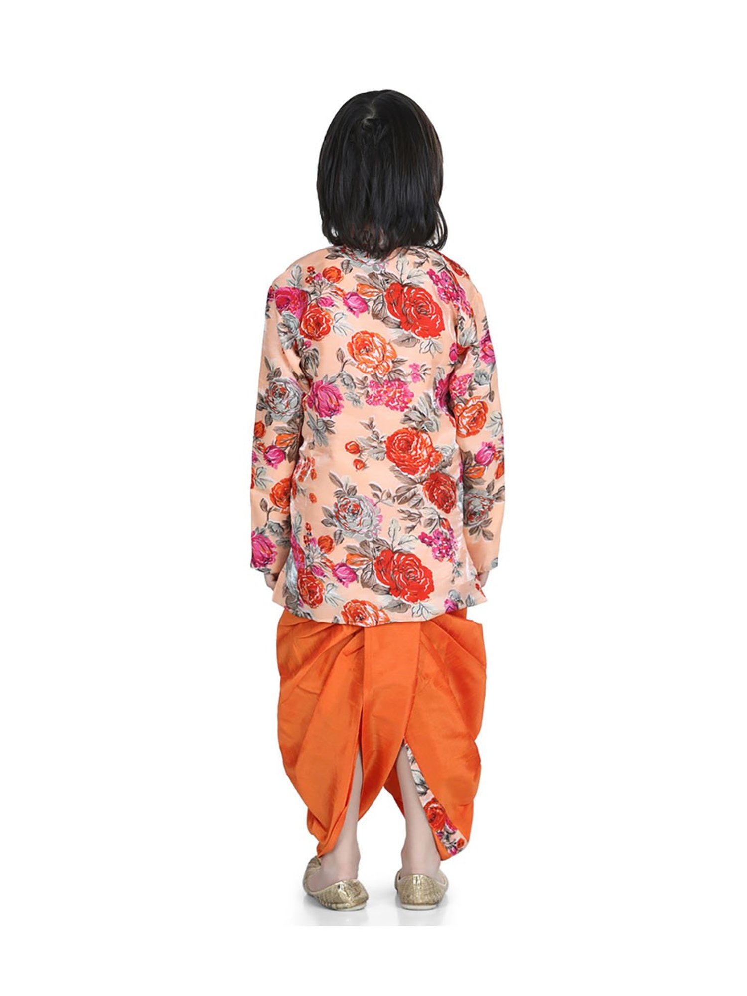 BownBee Kids Orange Printed Sherwani with Dhoti