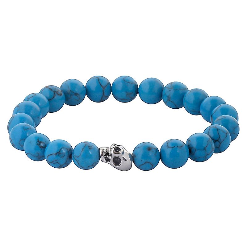 Men's West Coast Jewelry Stainless Steel Skull and Dyed Turquoise Beaded Bracelet