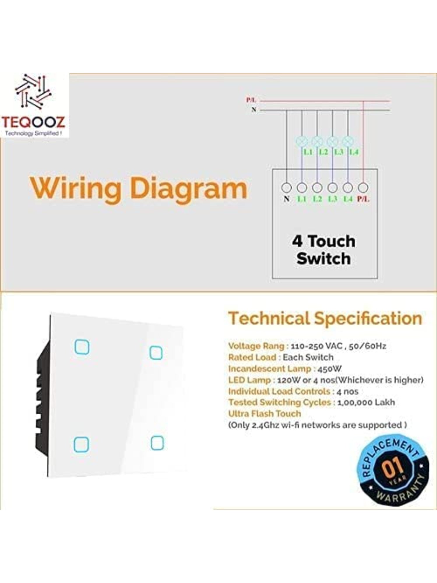 Teqooz 4-Switch Smart Wi-Fi plus Bluetooth Touch Switch 6 Amp Each (White)