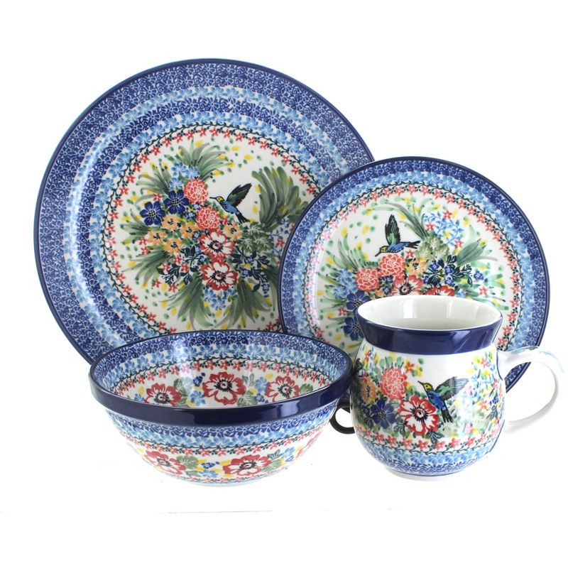 Blue Rose Polish Pottery Hummingbird 16 Piece Dinner Set