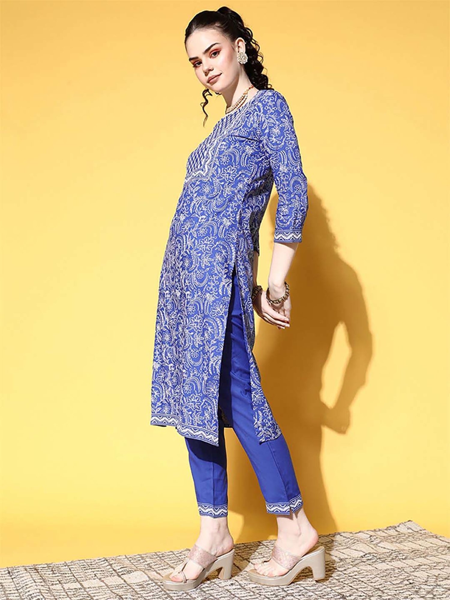 Ishin Blue Cotton Printed Kurta & Pant Set With Dupatta