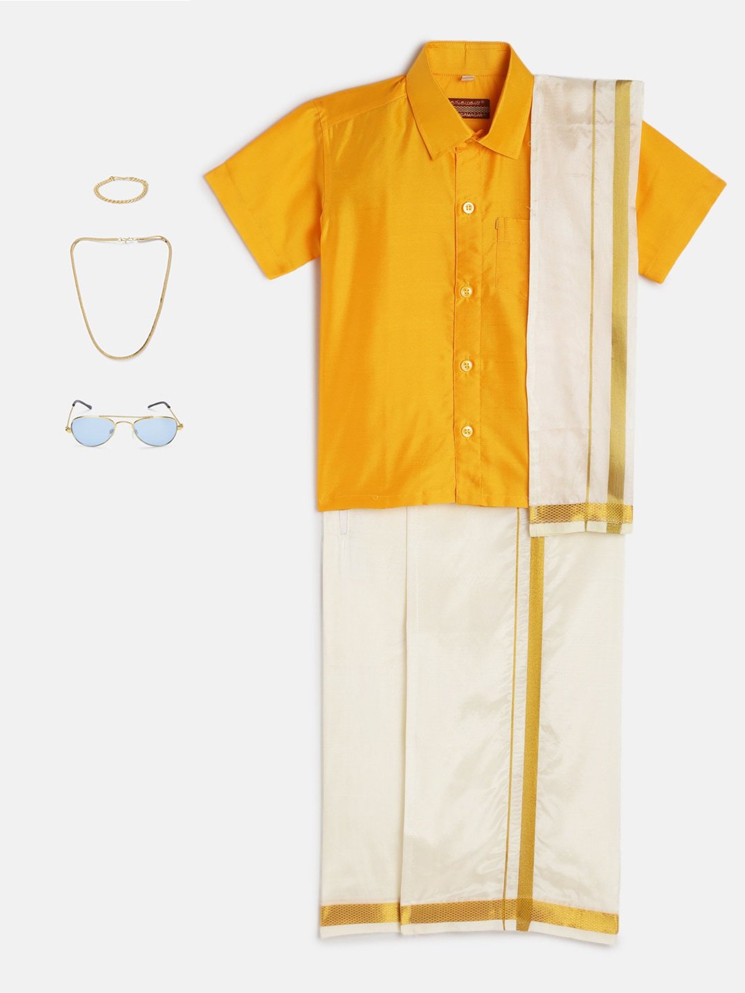 THANGAMAGAN Kids Yellow & Cream Solid  Shirt,  Dhoti,  Towel With  Freebies Set