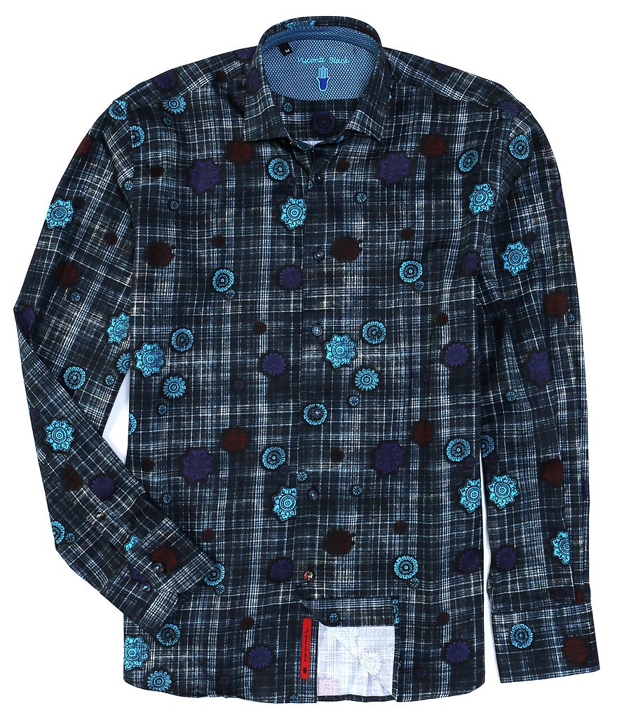 Visconti Plaid Black Stretch Long-Sleeve Woven Shirt