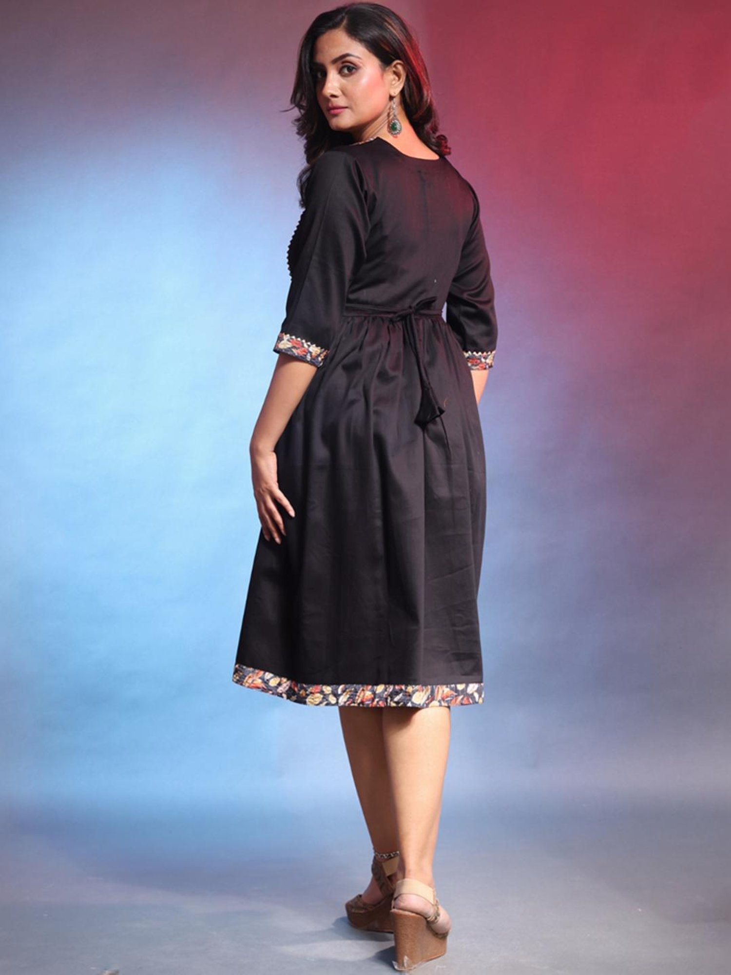 Charukriti Black Floral Print A-Line Dress