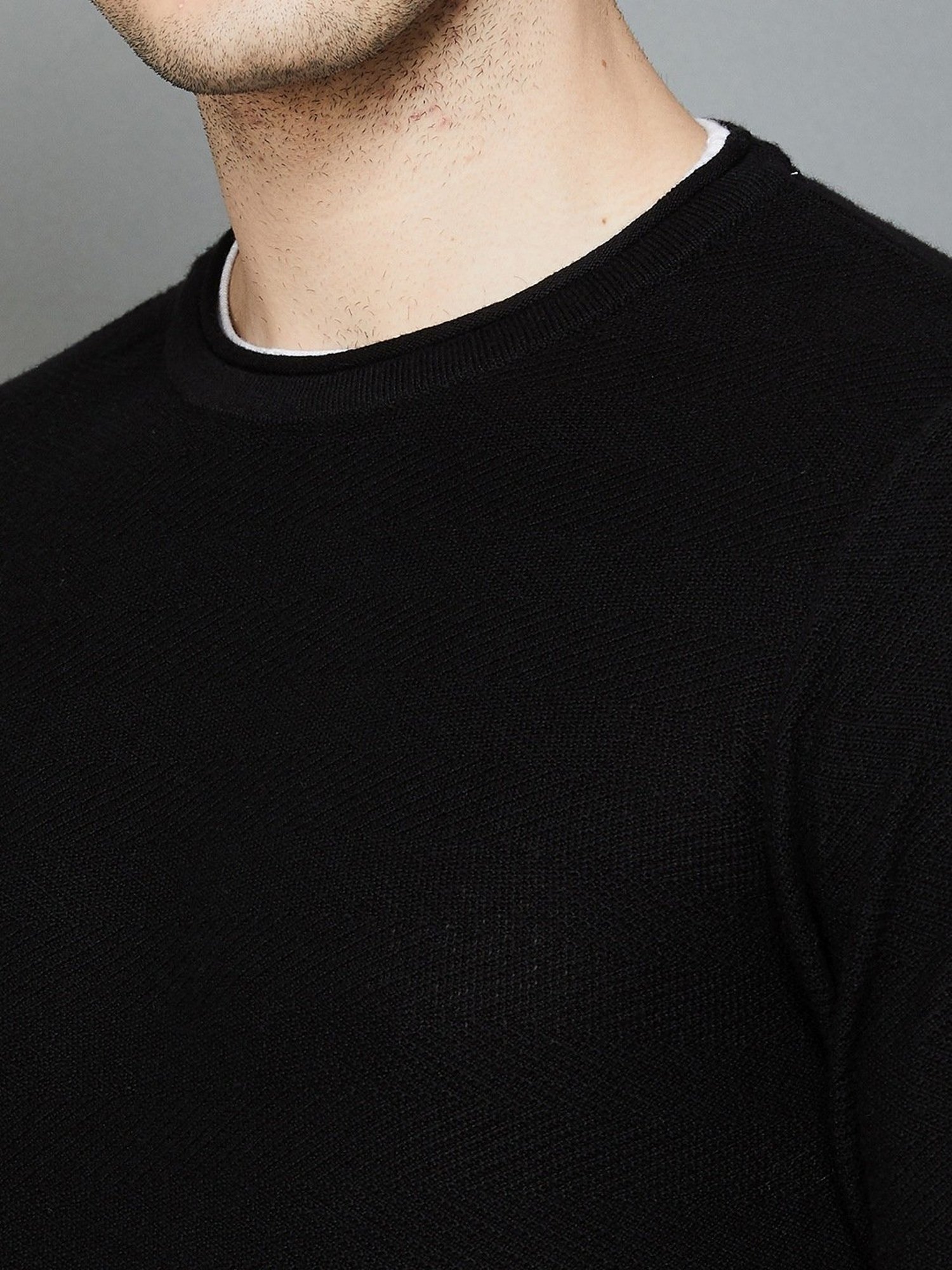 BOSSINI Black Cotton Regular Fit Texture Sweater