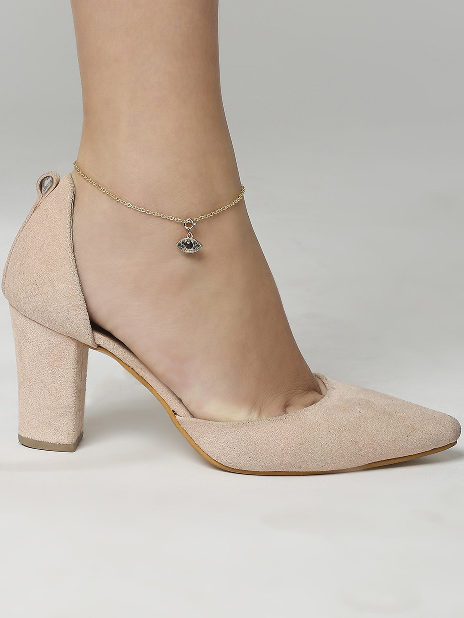 Oomph Gold Fashion Delicate Evil Eye & Heart Design Charms Anklets - Set of 2