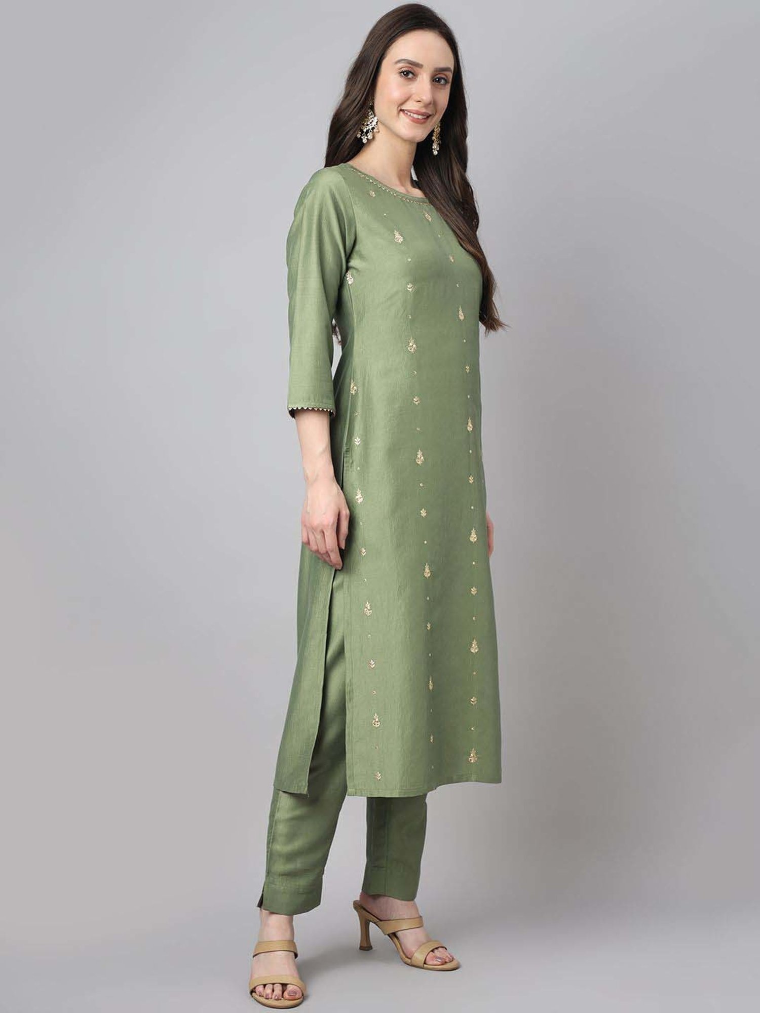 Janasya Green Embroidered Kurta & Pant Set With Dupatta