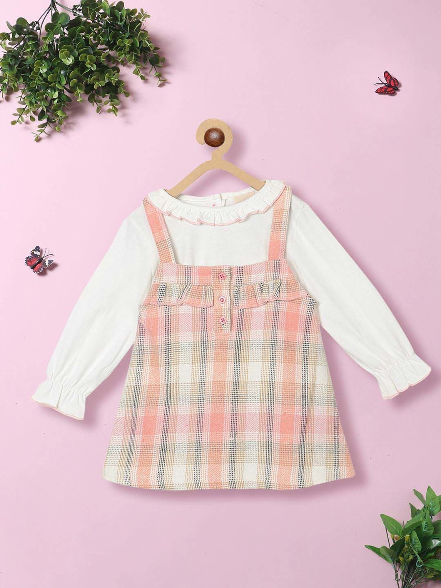 Nauti Nati Kids Pink & White Cotton Chequered Full Sleeves Dress Set