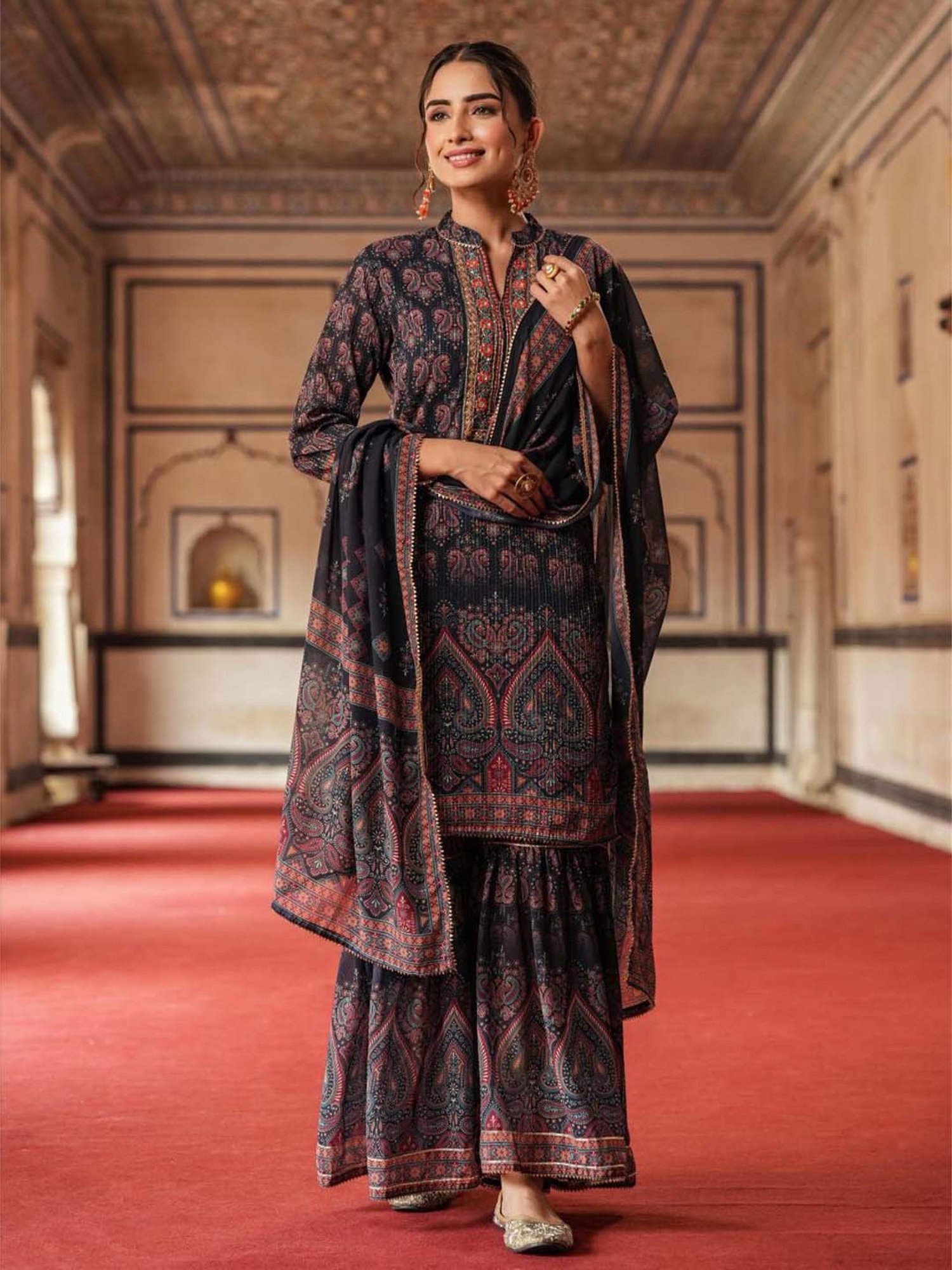 SCAKHI Navy Printed Kurti Sharara Set With Dupatta