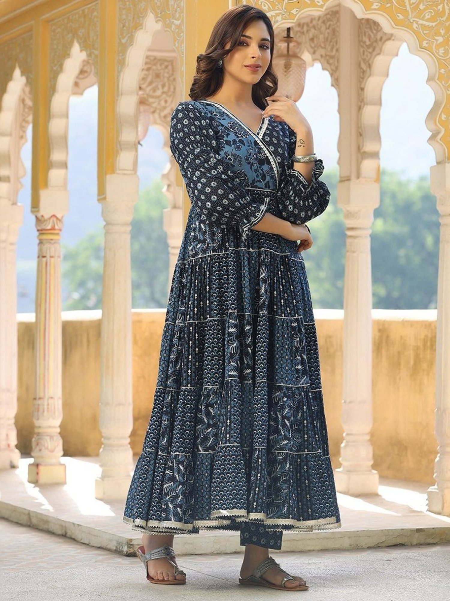 Everbloom Blue Navya Printed Angrakha Tiered Kurta With Pant