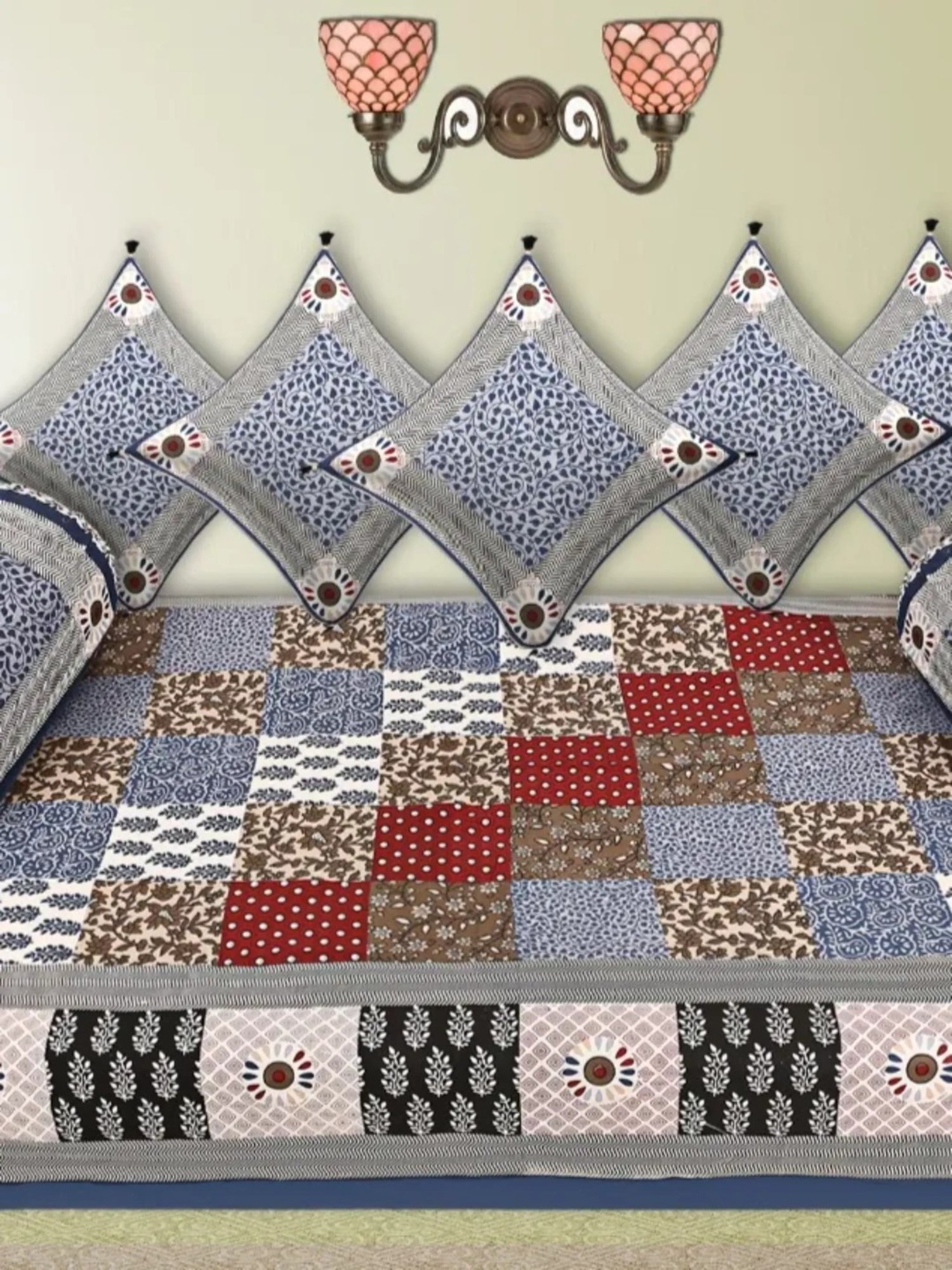 Living Roots Printed Grey 300 TC Cotton Single Diwan - Set of 8