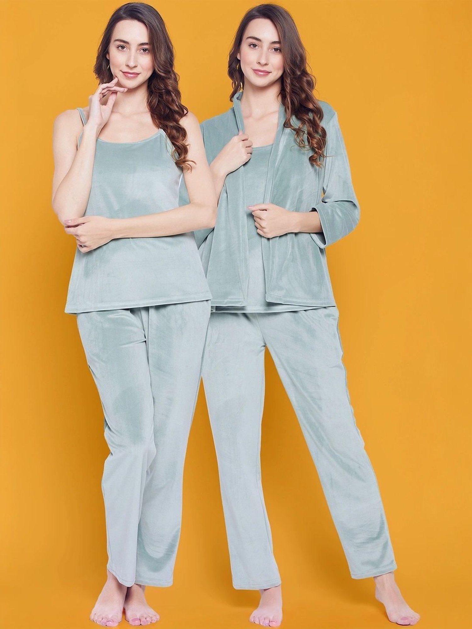 Clovia Green Plain Top Pyjamas Set With Shrug