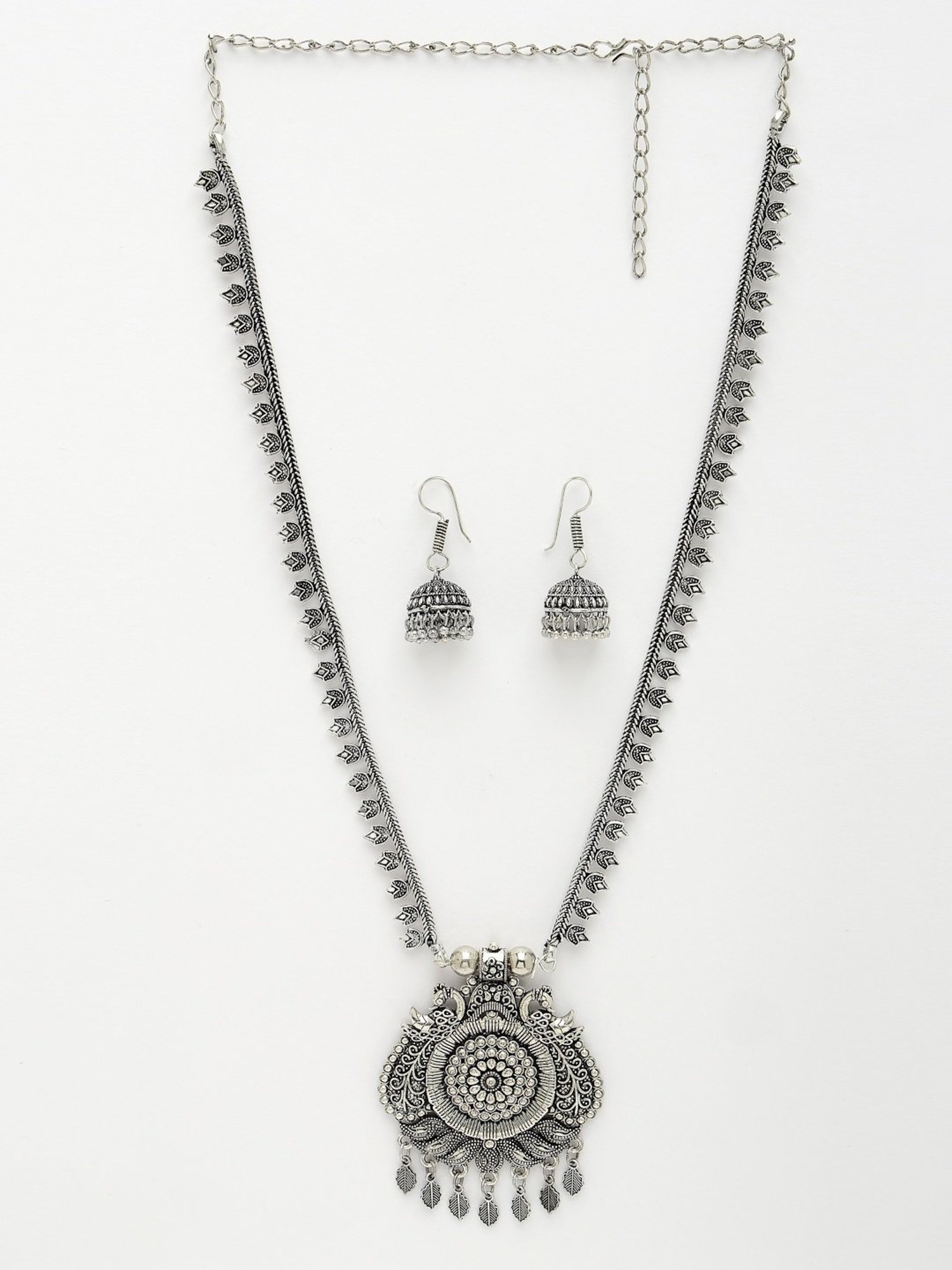 NVR Women Silver-Toned Peacock Design Oxidized Necklace with Jhumki Earrings