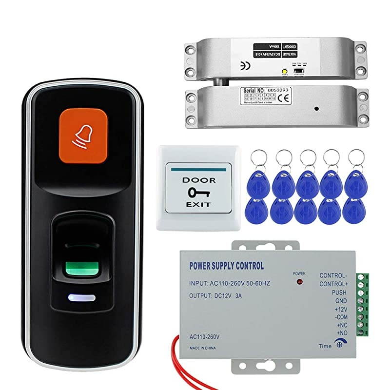 Fingerprint Access Control System Kit Biometric RFID Reader + Electronic Drop Bolt Lock + DC12V Power Supply + Exit Button + 10pcs Keyfobs Cards for Home Door Opener