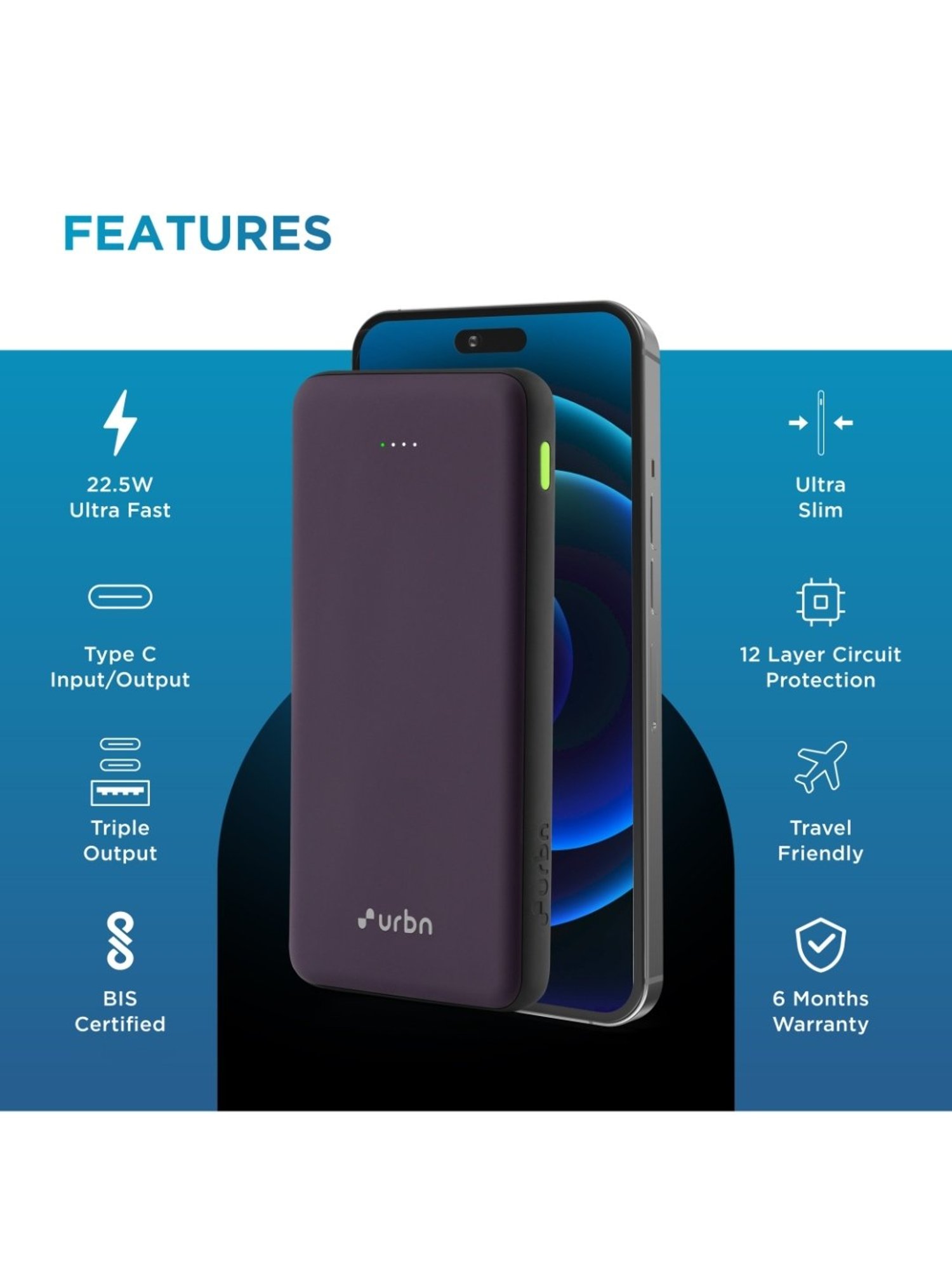 URBN 10000 mAh Ultra Slim 22.5W, Two Way Fast Charging Power Bank with Type C Input-Output (Purple)