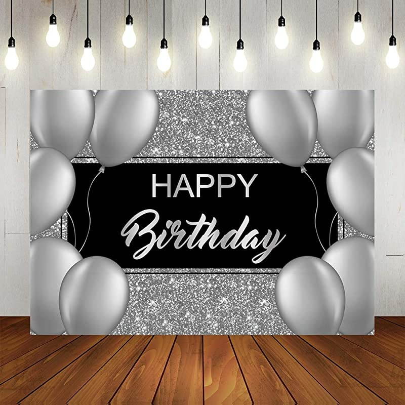 Birthday Backdrop Shinning Sliver and Gery Balloons Birthday Photography Background Black Birthday Party Decorations Supplies Photo Booth Props Banner 7x5ft