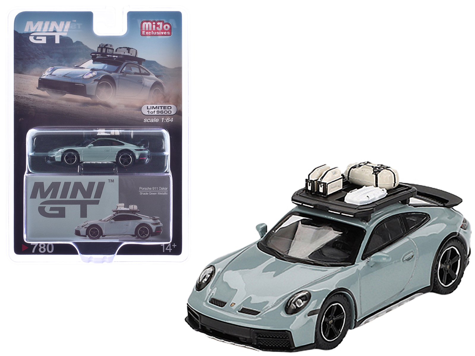 Porsche 911 Dakar Shade Green Metallic with Roofrack and Luggage Limited Edition to 9600 pieces Worldwide 1/64 Diecast Model Car by Mini GT