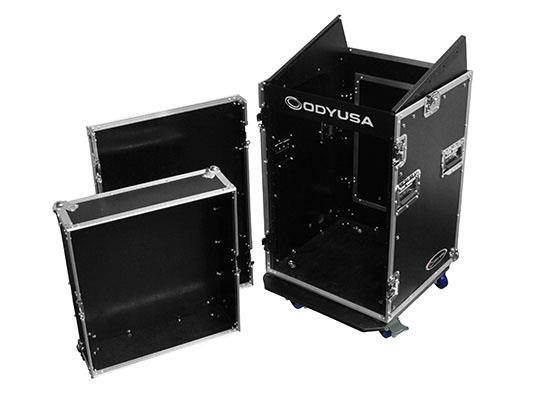 COMBO RACK: 10U TOP SLANT RACK, 14U BOTTOM VERTICAL RACK WITH WHEELS
