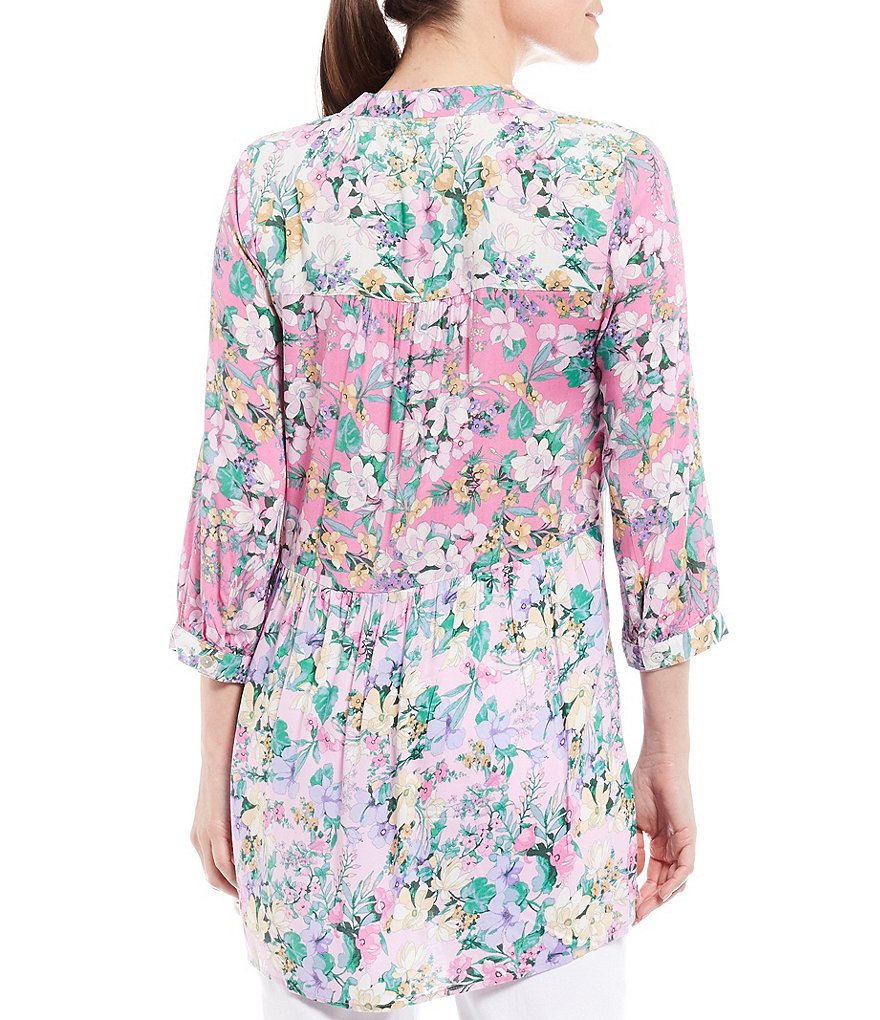 Figueroa & Flower Petite Size Allison Floral Print 3/4 Sleeve Button Front Hi-Low Blouse