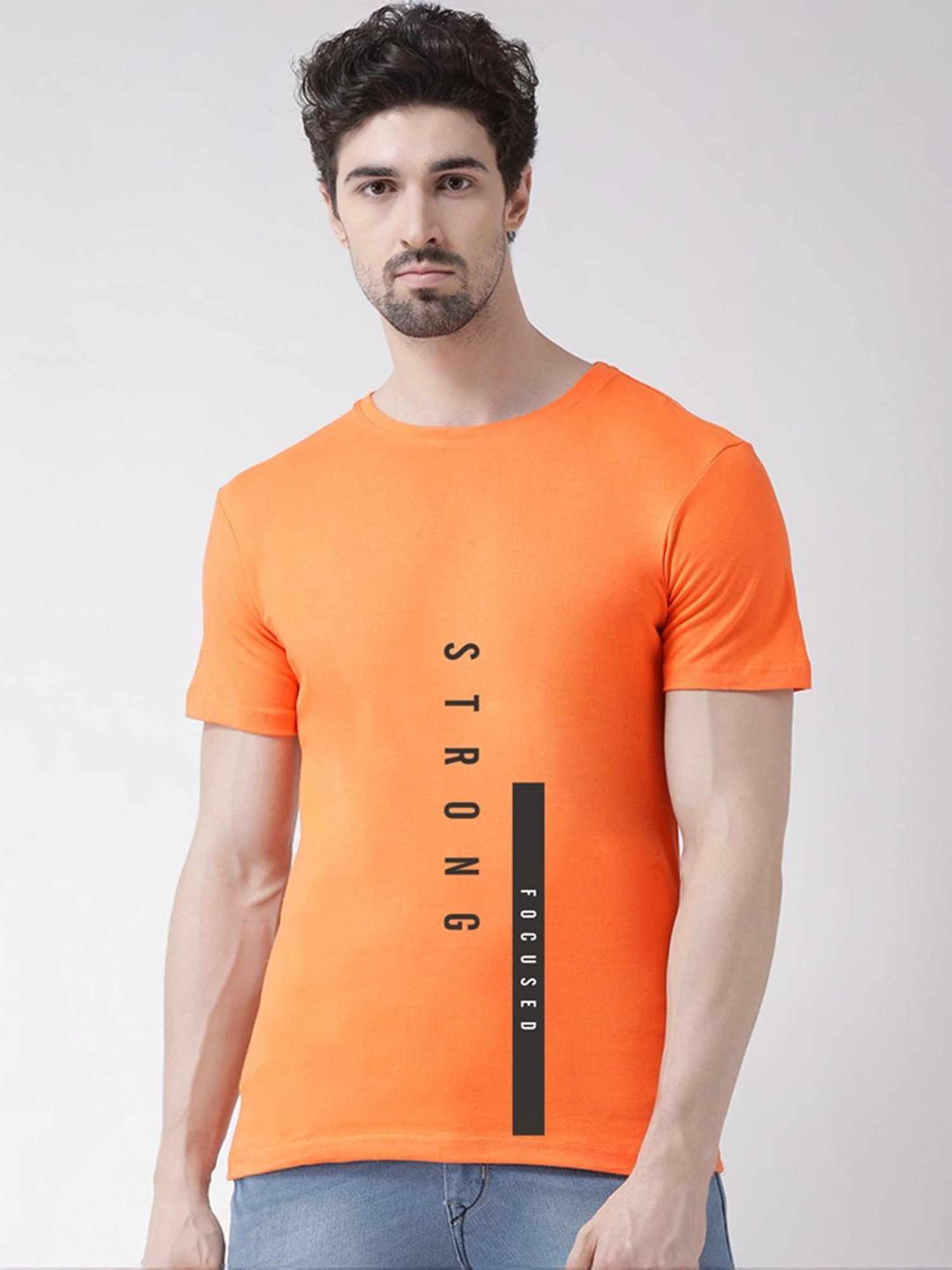 Friskers Orange Cotton Slim Fit Printed T-Shirt