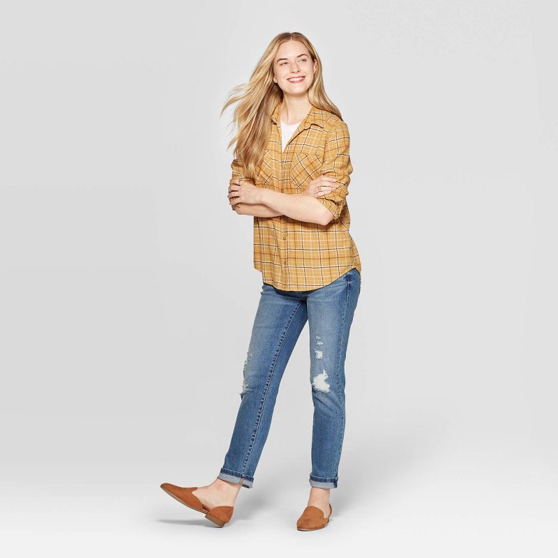 Women's Plaid Long Sleeve Cotton Flannel Shirt - Universal Thread™ Gold L