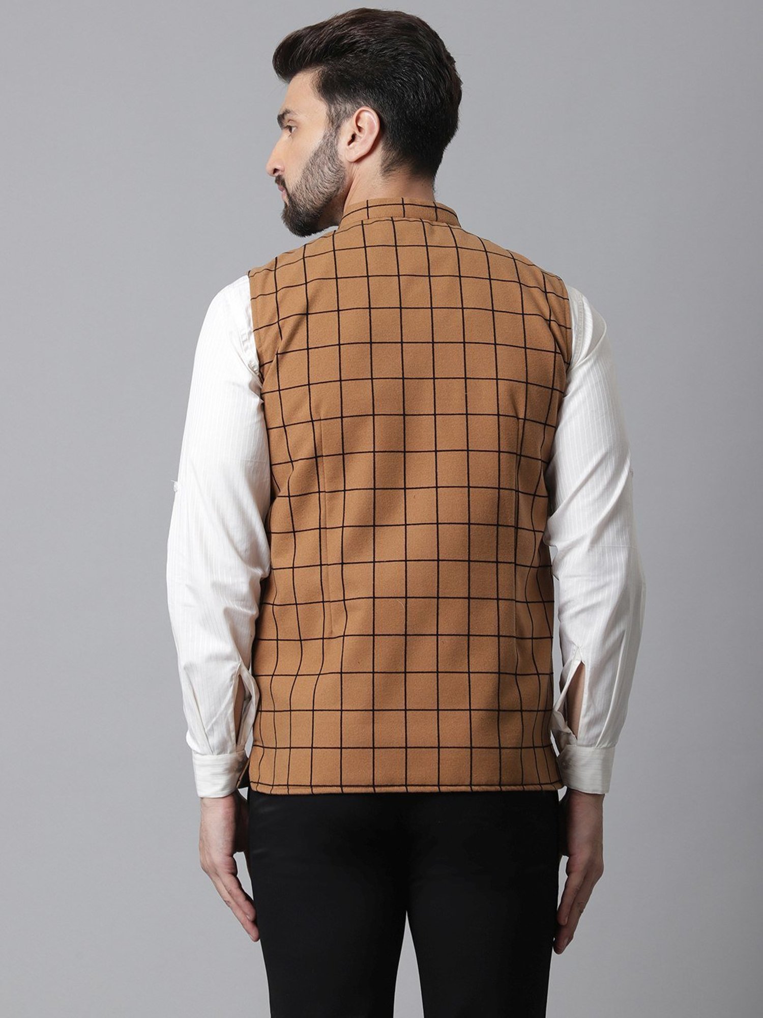 Even Beige Regular Fit Checks Nehru Jacket