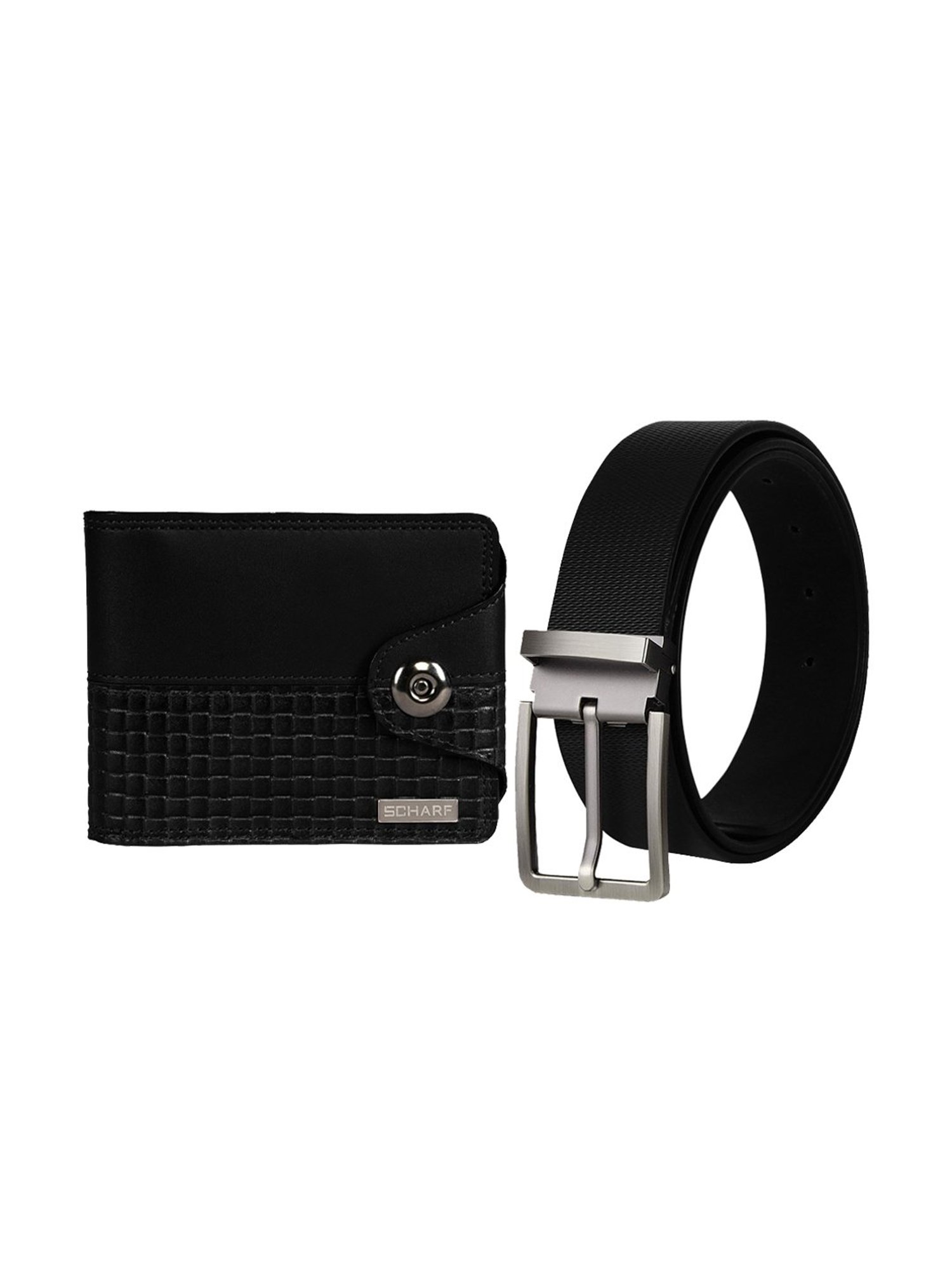 Scharf Black Leather Set Of Waist Belt And Wallet For Men