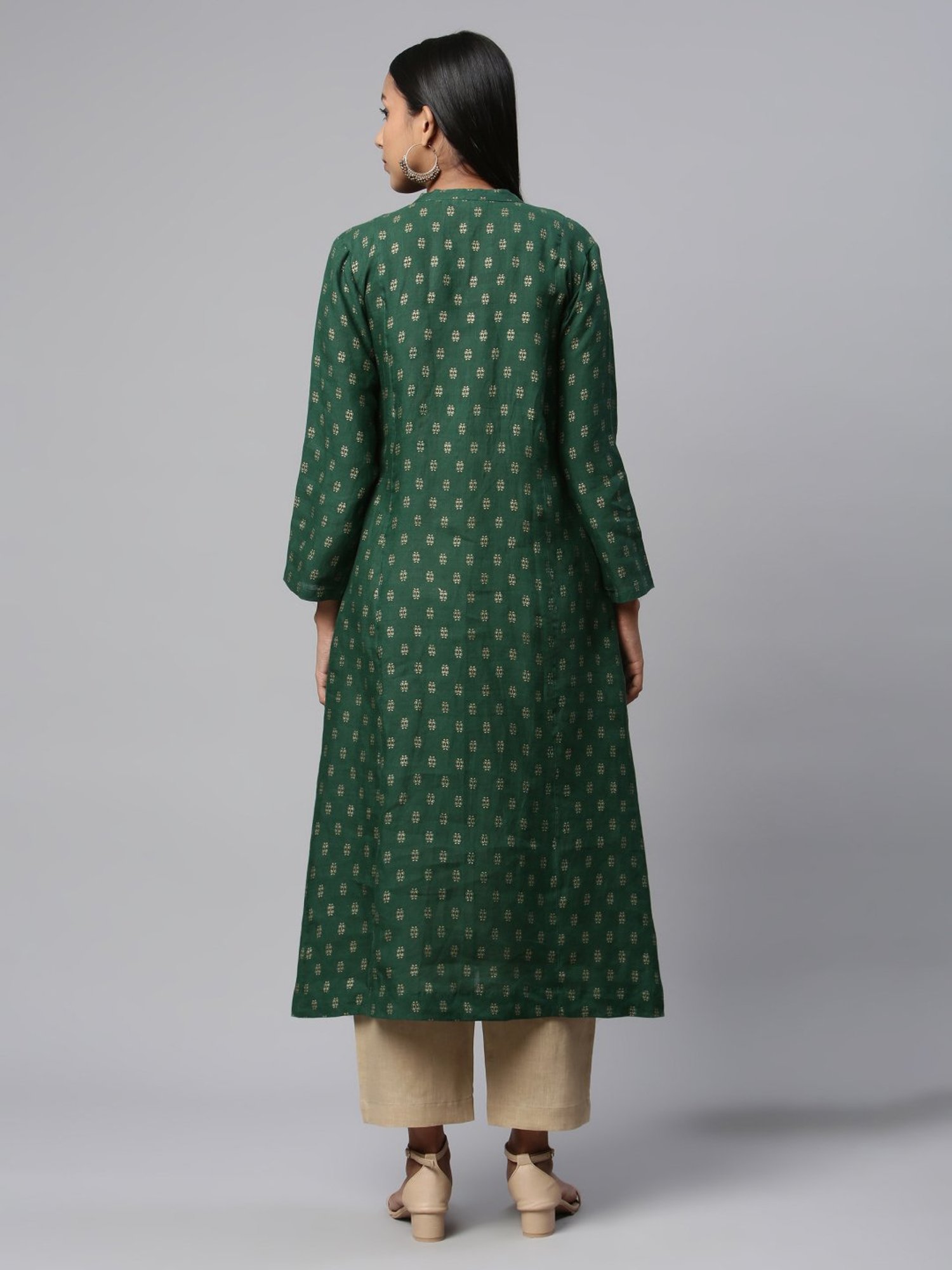 Linen Club Woman Green Linen Printed A Line Kurta