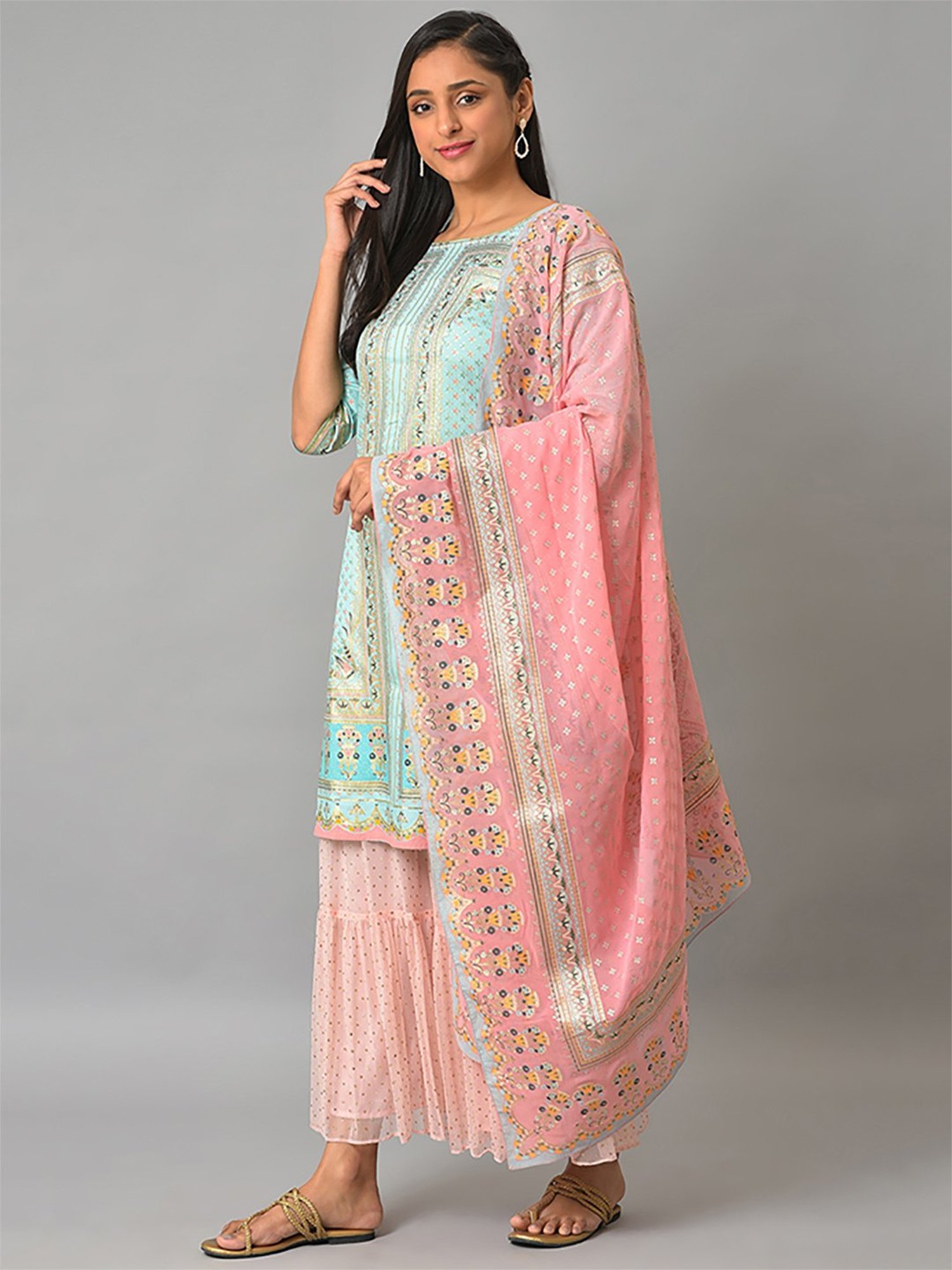 Aurelia Women Blue Floral Print Viscose Kurta Set with Sharara & Dupatta