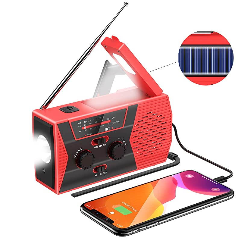 Upgraded Version Emergency Solar Hand Crank Radio Portable AMFM NOAA Weather Radio for Outdoor Household Emergency Device LED Flashlight Reading Lamp 2000mAh Power Bank USB Charger SOS Alarm