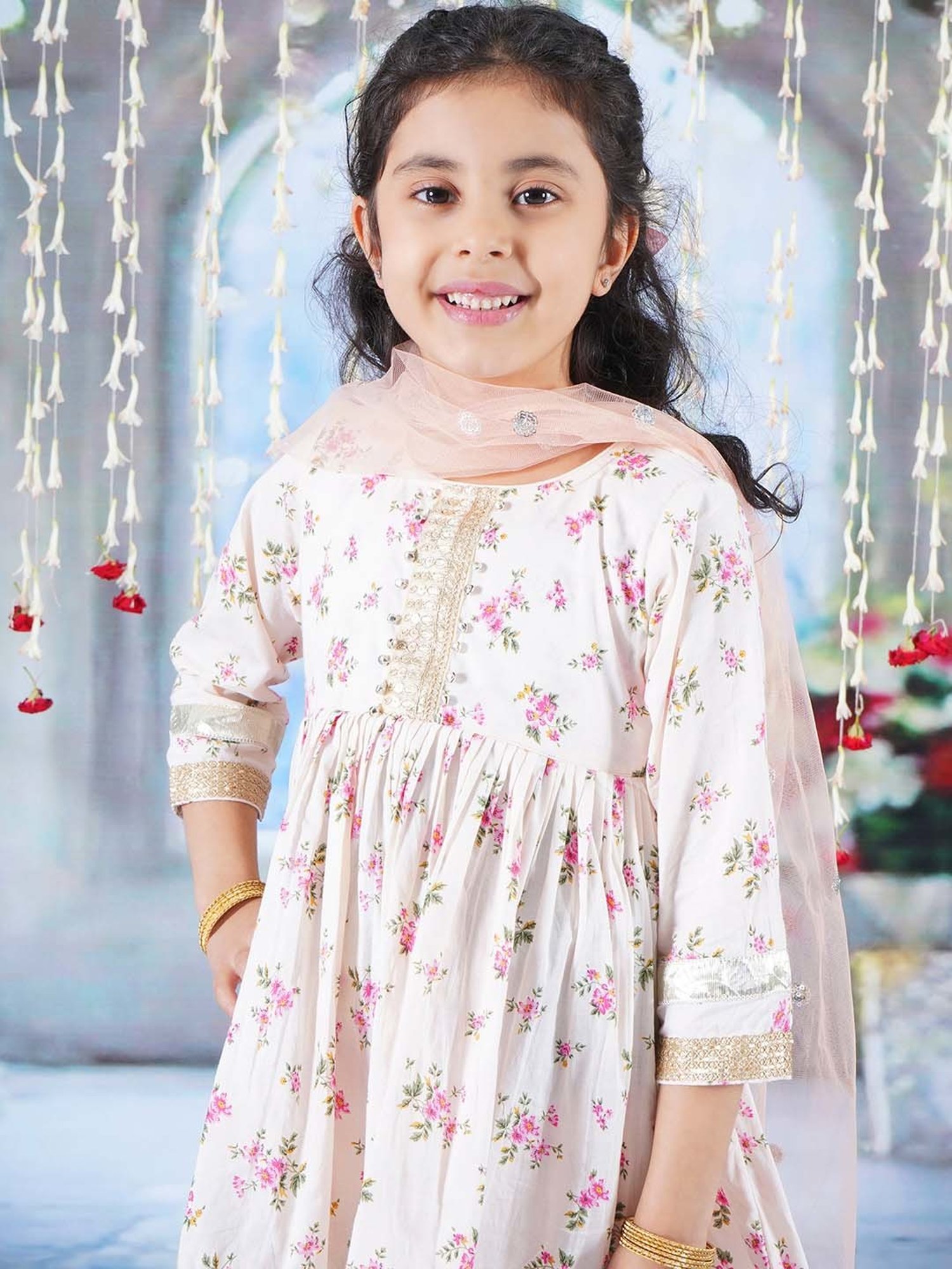 Little Bansi Pink & White Cotton Floral Print Kurta Set
