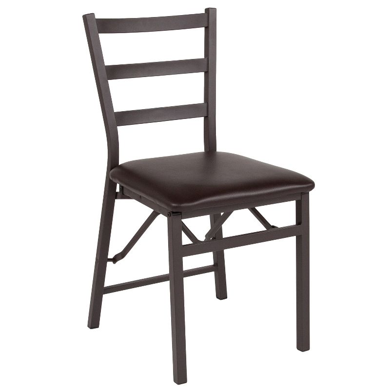 Emma and Oliver Brown Folding Ladder Back Metal Chair with Brown Vinyl Seat