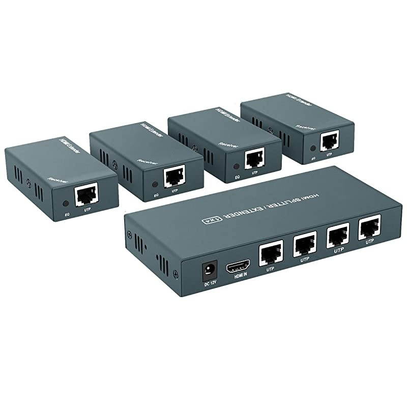 Extender Splitter 1x4, 1080P@60Hz, Extending 165ft (50m) Length Transmission Over CAT5e/CAT6/CAT7 Cable, 4 Channel Transmission Only 1 Power Adapter