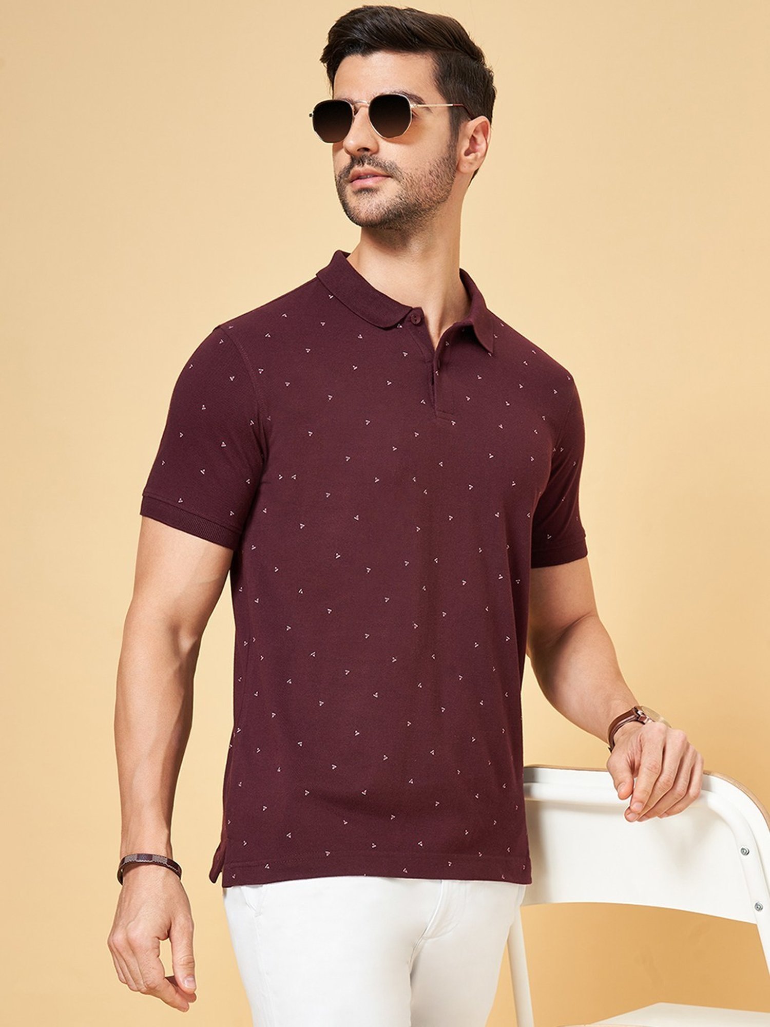 Byford by Pantaloons Wine Slim Fit Printed Polo T-Shirt