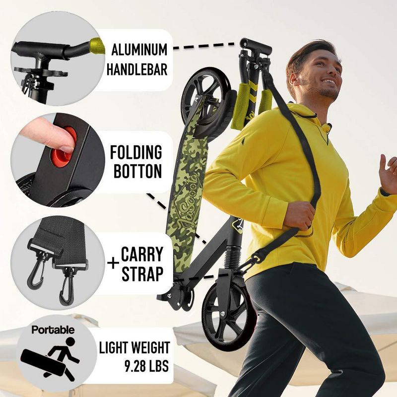 LaScoota Premium Teen Adult Adjustable Portable Folding Kick Scooter w/ Lightweight Wide Non Slip Deck and Carry Strap, Camouflage