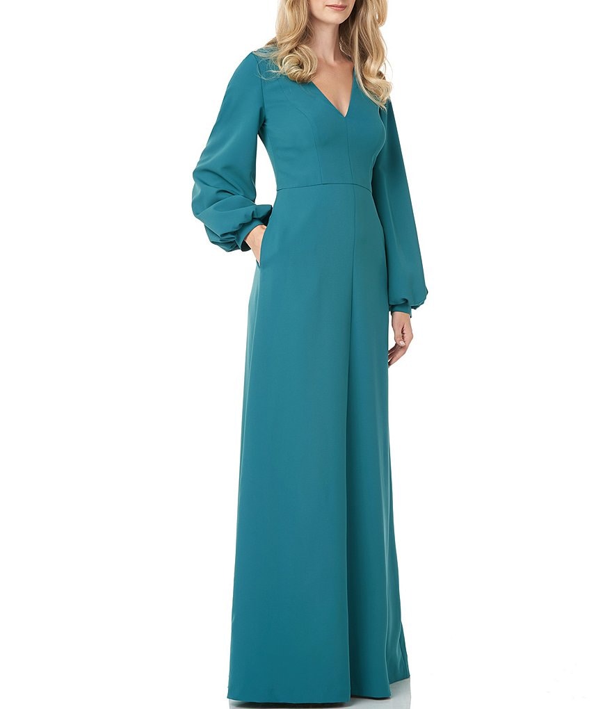 Jkara Chiffon Popover Beaded V-Neck 3/4 Capelet Sleeve Gown