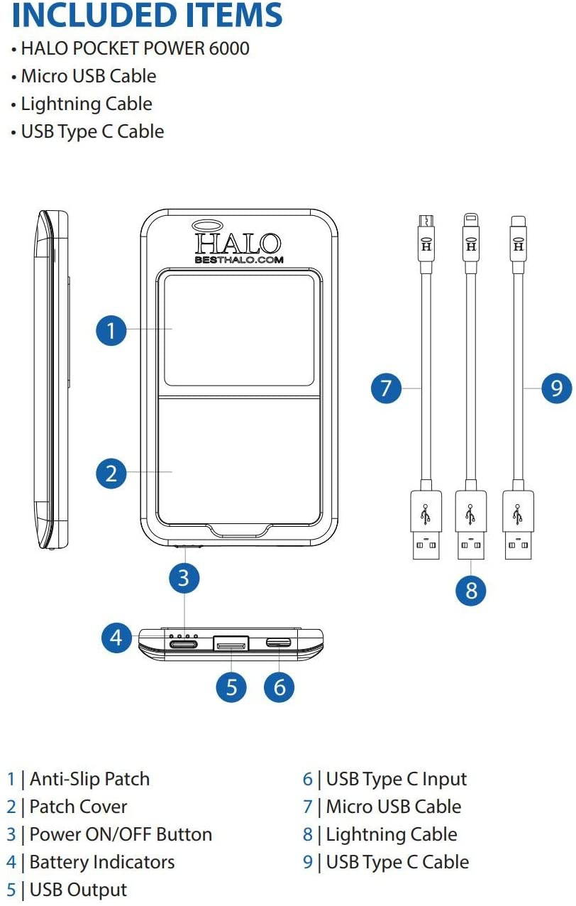 HALO - Pocket Power 6000 Portable Charger Power Bank for Phone - High-Speed TSA Approved 6000mAh Battery Pack - Standard USB Output and Micro USB Cable, Lightning Cable, USB Type C Cable - Rose Gold